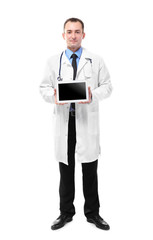 Doctor holding tablet isolated on white