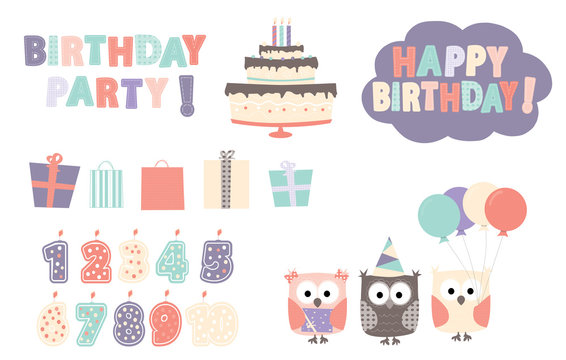 birthday: owls, birthday elements, happy birthday, birthday party text