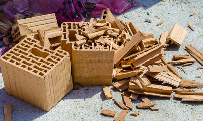Broken bricks at the construction site - top view