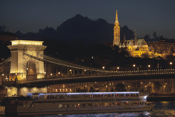 Night view of The Szechenyi Chain Bridge over Danube river in Budapest