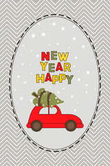New Year card with red car and tree
