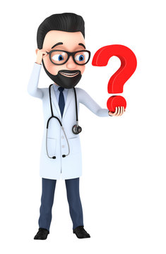Doctor isolated on white background indicates looking at the que