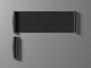 Blank black hand held banner mockup, 3d rendernig. Dark closed and opened roll up canvas mock up. Grey handheld promotional retractable scroll. Rolling sign for sport club branding presentation. © Alexandr Bognat