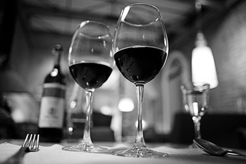 glass of red wine in restaurant interior