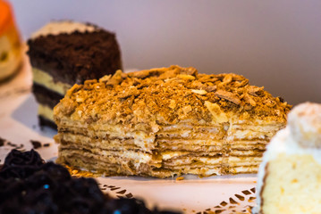 piece of honey cake with cream on white dessert paper