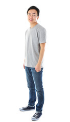 Asian man in blank grey t-shirt on white background