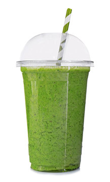 Delicious kiwi milkshake in plastic cup isolated on white