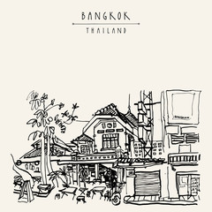 Bangkok, Thailand, Asia. Old houses in Khao San Road touristic area. Travel sketch. Vintage hand drawn touristic postcard