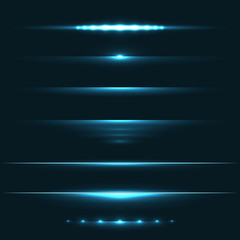 Blue light flare effect horizontal dividers vector set.