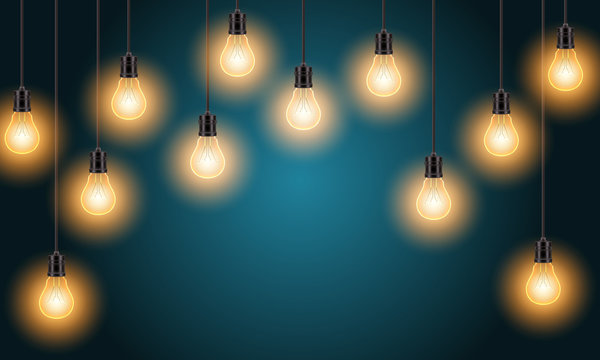 Illuminated electric bulbs vector background.