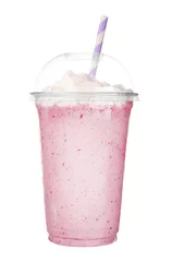 Acrylic prints Milkshake Delicious berry milkshake in plastic cup isolated on white