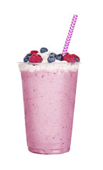 Delicious berry milkshake in plastic cup isolated on white