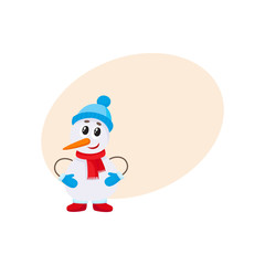 Cute and funny little snowman in hat and mittens, cartoon vector illustration isolated with background for text. Funny snowman, Christmas holiday decoration element