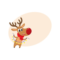 Funny Christmas reindeer in red scarf holding a garland, cartoon vector illustration isolated with background for text. Red nosed deer in red scarf with Christmas lights, holiday decoration element