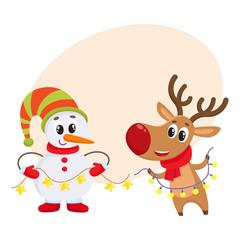 funny reindeer and snowman holding public electronic garlands with light bulbs, cartoon vector illustration with background for text.. Deer and snowman, Christmas attributes, decoration elements
