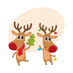 Two reindeer with Christmas toys and tree, cartoon vector illustration isolated with background for text. Christmas red nosed deer, holiday decoration element
