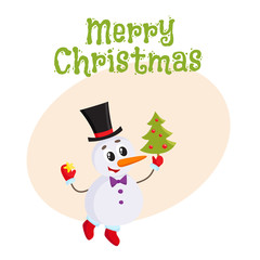 Merry Christmas greeting card template with Cute and funny little snowman, cartoon vector illustration isolated on white background. Christmas poster, banner, postcard, greeting card design