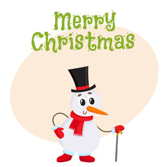 Merry Christmas greeting card template with Cute and funny little snowman in cylinder hat leaning. Christmas poster, banner, postcard, greeting card design