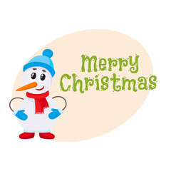 Merry Christmas greeting card template with little snowman in hat and mittens, cartoon vector illustration. Poster, banner, postcard, greeting card design with snowman, Christmas decoration element