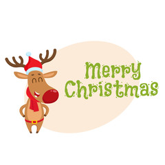 Fototapeta na wymiar Merry Christmas greeting card template with cute and funny reindeer in red hat, scarf and belt laughing happily, cartoon vector illustration. Christmas poster, banner, postcard, greeting card design