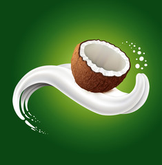milk splash with coconut lying on milk tongue
