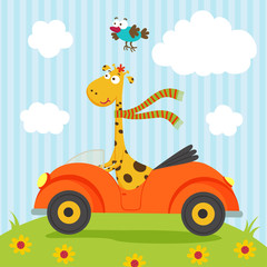 giraffe and bird go by car - vector illustration, eps