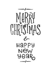 Fototapeta premium Merry Christmas Happy New Year Retro Vector Poster. Black and White Monochrome Design. Ink Hand Drawn Calligraphy Template for Winter Holidays.