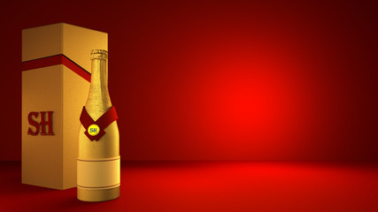 Beautiful red background with golden champagne bottle and packag