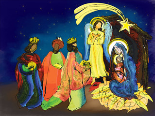 Christmas nativity religious abstract artistic Bethlehem crib scene, with Holy family Mary and baby Jesus and three wise men.holiday background, illustration.