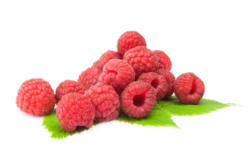 Raspberries with leaves isolated on a white background with clipping path