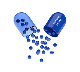 3d rendering of antibiotic pill with granules isolated over whit