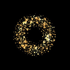 Isolated abstract golden circle logo. Round shiny luxurious brilliant triangles logotype. Glittering star dust icon. Festive glossy christmas wreath. Vector confetti illustration on black background.