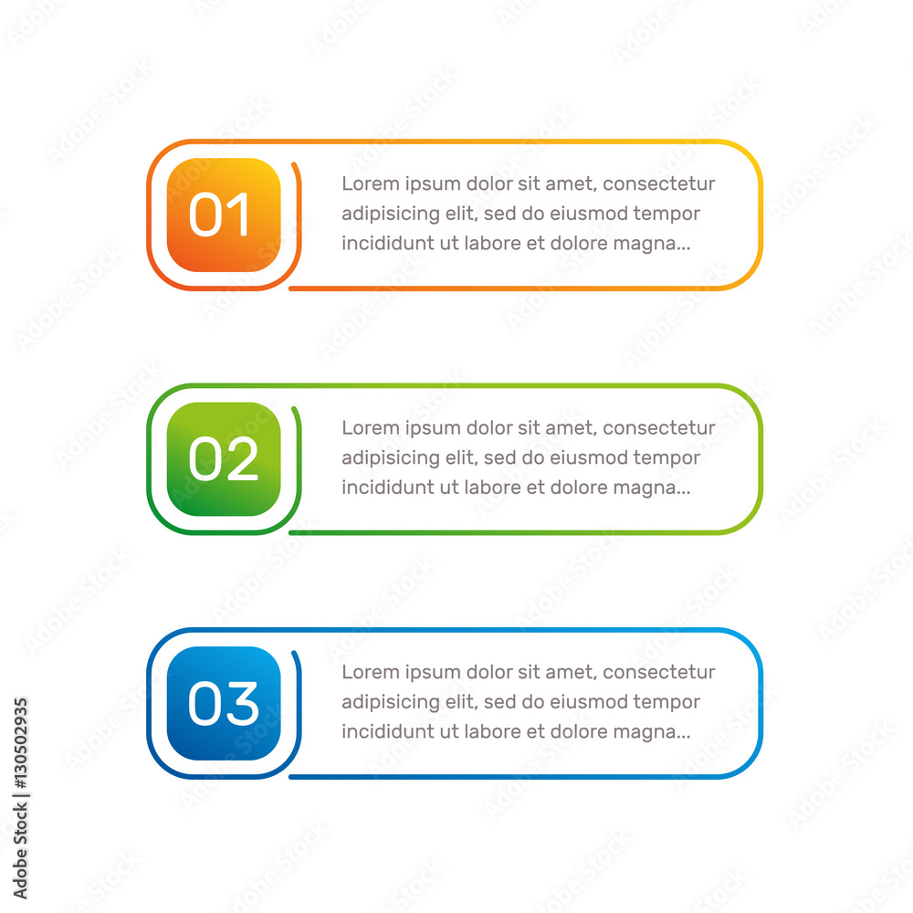 Aufkleber Layout workflow. Outline colorful menu for app interface. Number options. Web design of buttons elements. Infographics 1. 2. 3. vector template. Text illustration.
