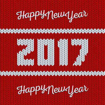 Isolated abstract red and white color knitted happy new year greeting card. Merry christmas 2017 background. Xmas knitwear backdrop. Seamless texture. Vector sweater illustration.