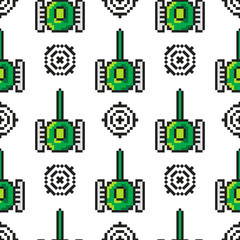 Fototapeta premium Pixel art vector objects to create Fashion seamless pattern. Background with tanks, target for boys. trendy 80s-90s style