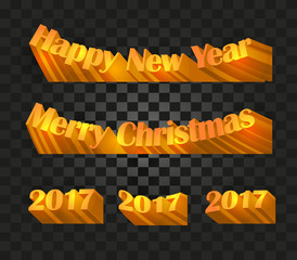 Fototapeta na wymiar Merry christmas and happy new year 2017 writing on the checkered background. Festive wrapping paper with golden letters. Xmas greeting card backdrop. Vector illustration.