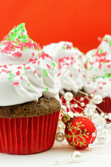 Colorful Christmas cupcakes with copy space