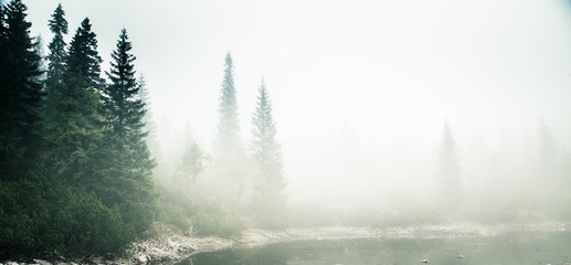 Fototapeta premium Piękne górskie jezioro we mgle w Tatry, Słowacja. Styl retro o niskim nasyceniu