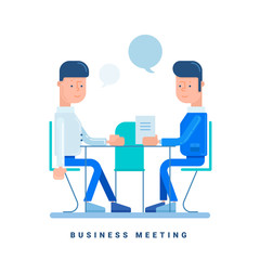 Two businessmen talk at the table. Business concept for business meeting. Cartoon male character. Flat style vector illustration isolated on white