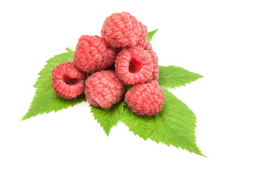 raspberry with leaf over a white background