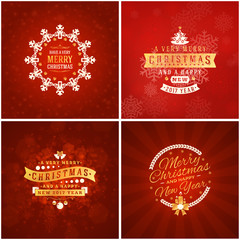 Set of Christmas golden and red greeting card templates. Vintage typographic badges, labels. Christmas snowflakes background. Vector Illustration