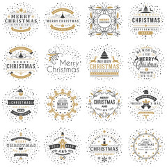 Set of Merry Christmas and Happy New Year Decorative Badges for Greetings Cards or Invitations. Vector Illustration. Typographic Design Elements. Golden and Black Color Theme