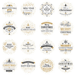 Set of Merry Christmas and Happy New Year Decorative Badges for Greetings Cards or Invitations. Vector Illustration. Typographic Design Elements. Golden and Black Color Theme