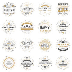 Set of Merry Christmas and Happy New Year Decorative Badges for Greetings Cards or Invitations. Vector Illustration. Typographic Design Elements. Golden and Black Color Theme
