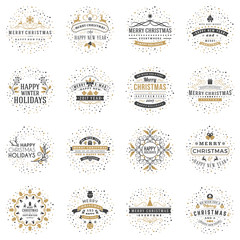 Set of Merry Christmas and Happy New Year Decorative Badges for Greetings Cards or Invitations. Vector Illustration. Typographic Design Elements. Golden and Black Color Theme