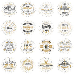 Set of Merry Christmas and Happy New Year Decorative Badges for Greetings Cards or Invitations. Vector Illustration. Typographic Design Elements. Golden and Black Color Theme