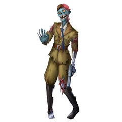 Cool Characters Series: It's a Zombie, It's also a AI Robot isolated on White Background. Video Game's Digital CG Artwork, Concept Illustration, Realistic Cartoon Style Background and Character Design