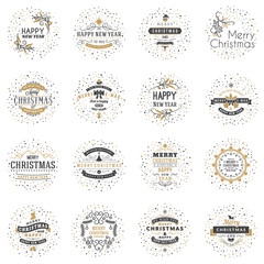 Set of Merry Christmas and Happy New Year Decorative Badges for Greetings Cards or Invitations. Vector Illustration. Typographic Design Elements. Golden and Black Color Theme