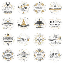 Set of Merry Christmas and Happy New Year Decorative Badges for Greetings Cards or Invitations. Vector Illustration. Typographic Design Elements. Golden and Black Color Theme