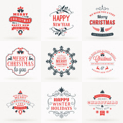 Fototapeta na wymiar Set of Merry Christmas and Happy New Year Decorative Badges for Greetings Cards or Invitations. Vector Illustration in Red and Gray Colors